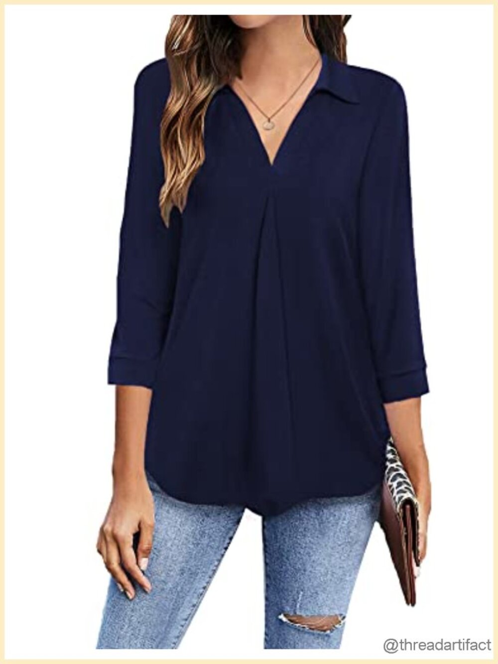 Women's 3/4 Sleeve Blouse Business Casual Top Collared V Neck